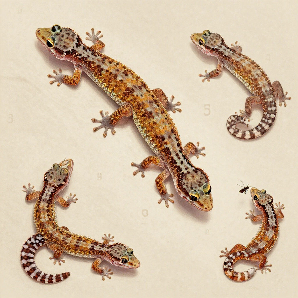 Gecko in various poses on a house wall one with broken tail another catching insect detailed observation chart style with subtle number overlays in earthy tones