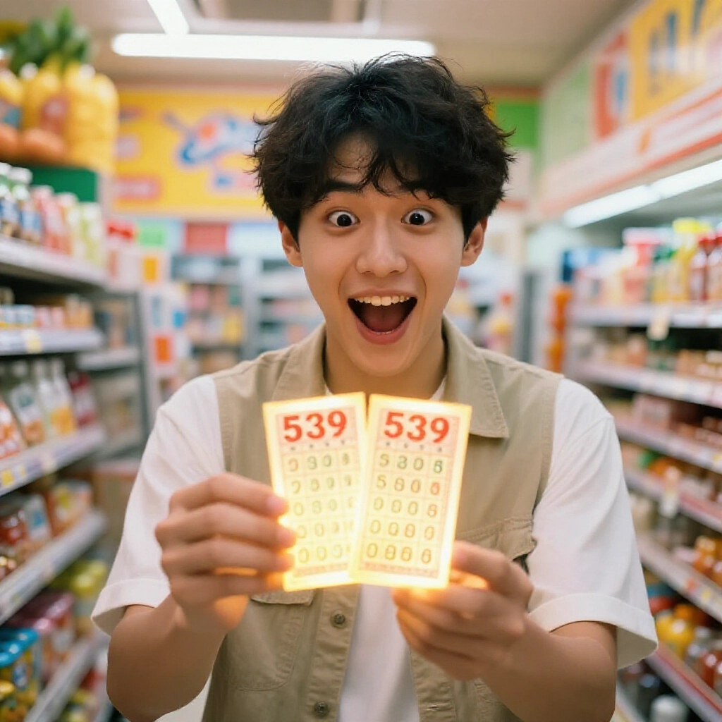 excited young player holding glowing 539 lottery ticket with four matching numbers in vibrant convenience store under warm neon lights joyful atmosphere in Taiwan