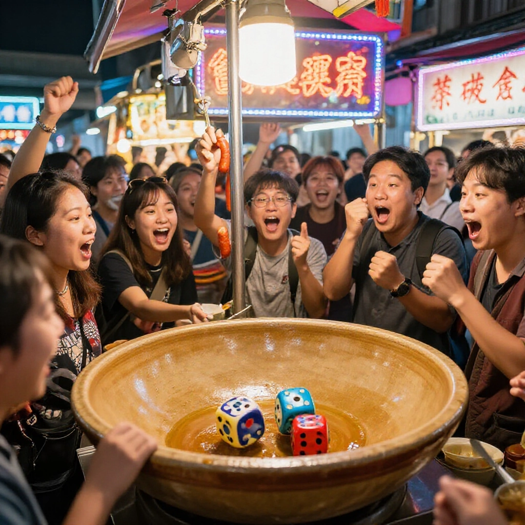 台灣夜市香腸攤熱鬧場面，人群圍碗搖骰子，霓虹燈閃爍中玩家興奮喊叫