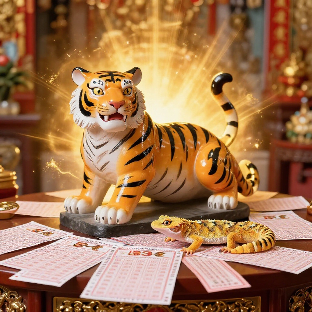 Traditional Taiwanese tiger god statue beside a gecko on a shrine table with golden aura and scattered 539 lottery papers evoking wealth guardian symbolism