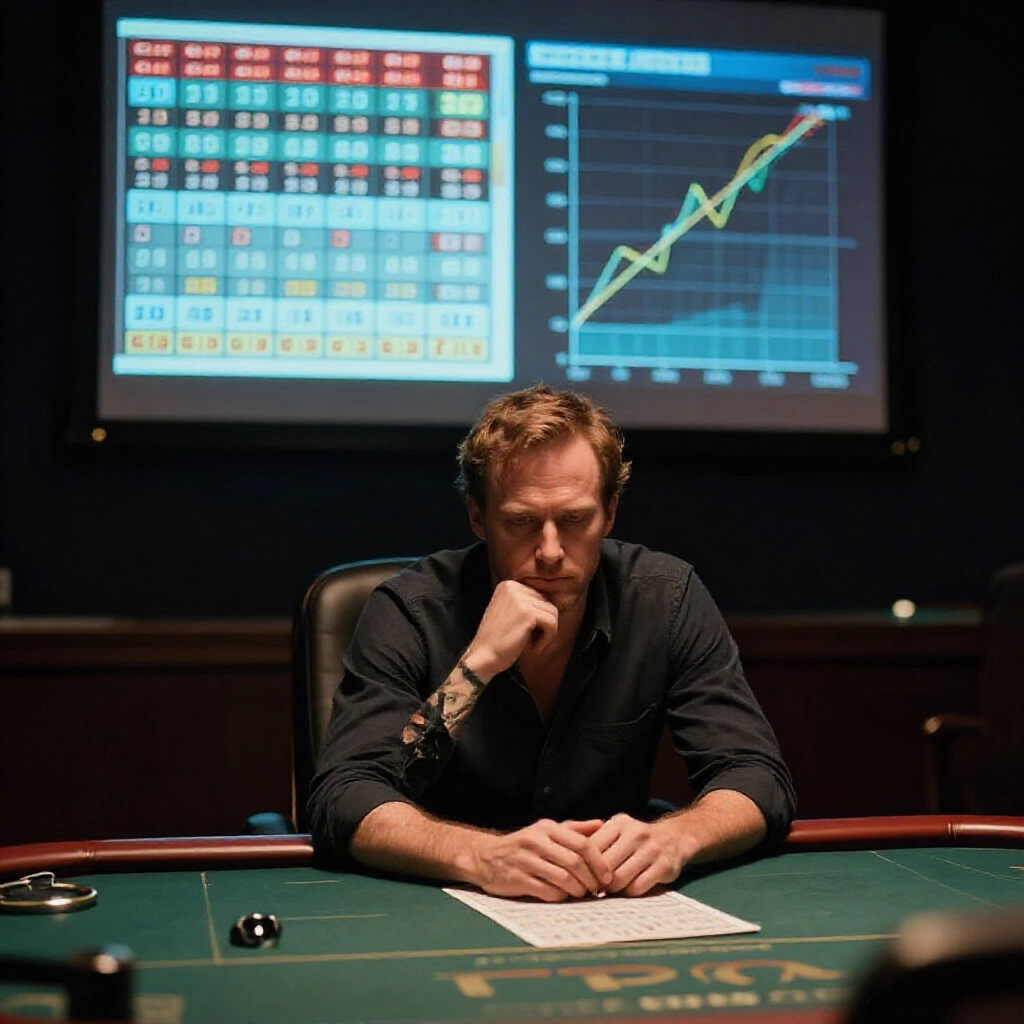 pensive gambler analyzing lottery trends on screen showing cold number rebound cycles contrasted with probability graphs in dimly lit strategic planning room