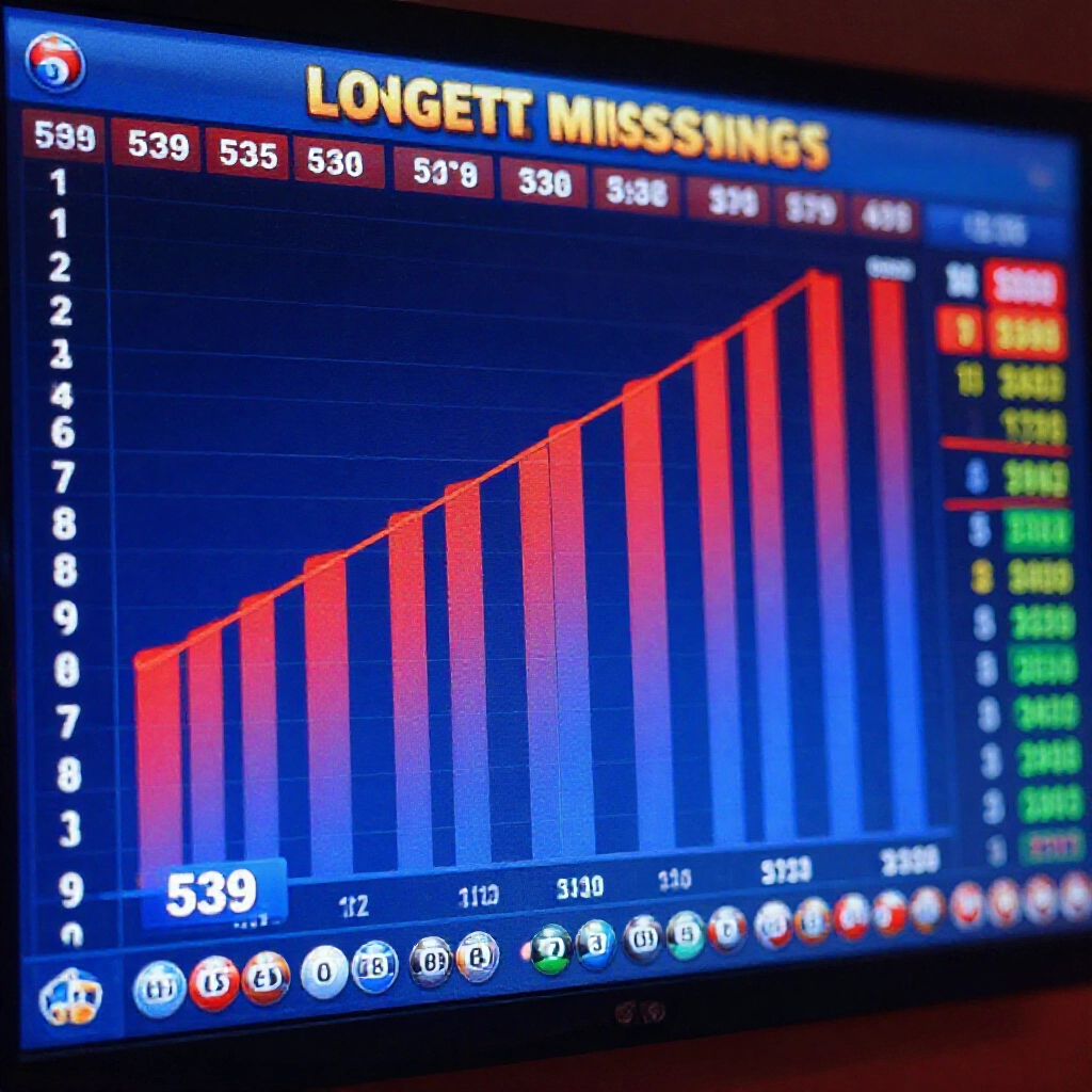 digital dashboard showing top 10 longest missing 539 numbers, bar charts rising in red and blue, table for over 30 omissions with lottery ball icons