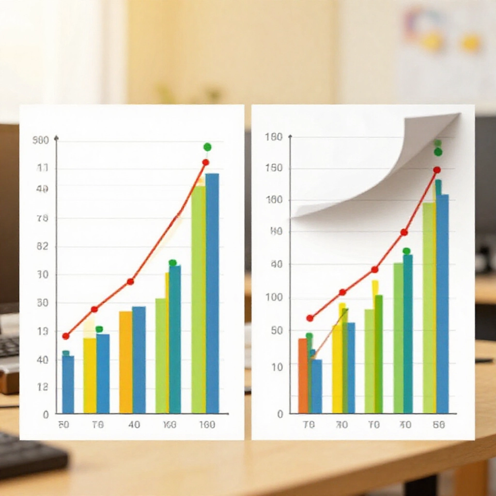 side by side comparison charts of two lottery games with colorful bars and lines contrasting frequencies in bright office setting warm lighting on desks