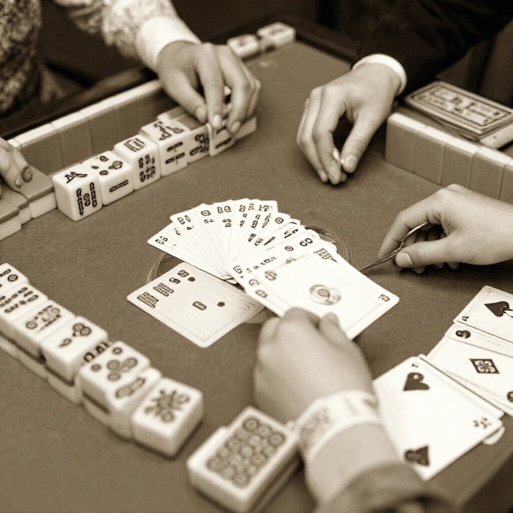 Historical evolution scene of Big Two game from Guangdong Hong Kong origins with reversed card values making 2 supreme surrounded by traditional mahjong tiles and modern poker decks in sepia tones