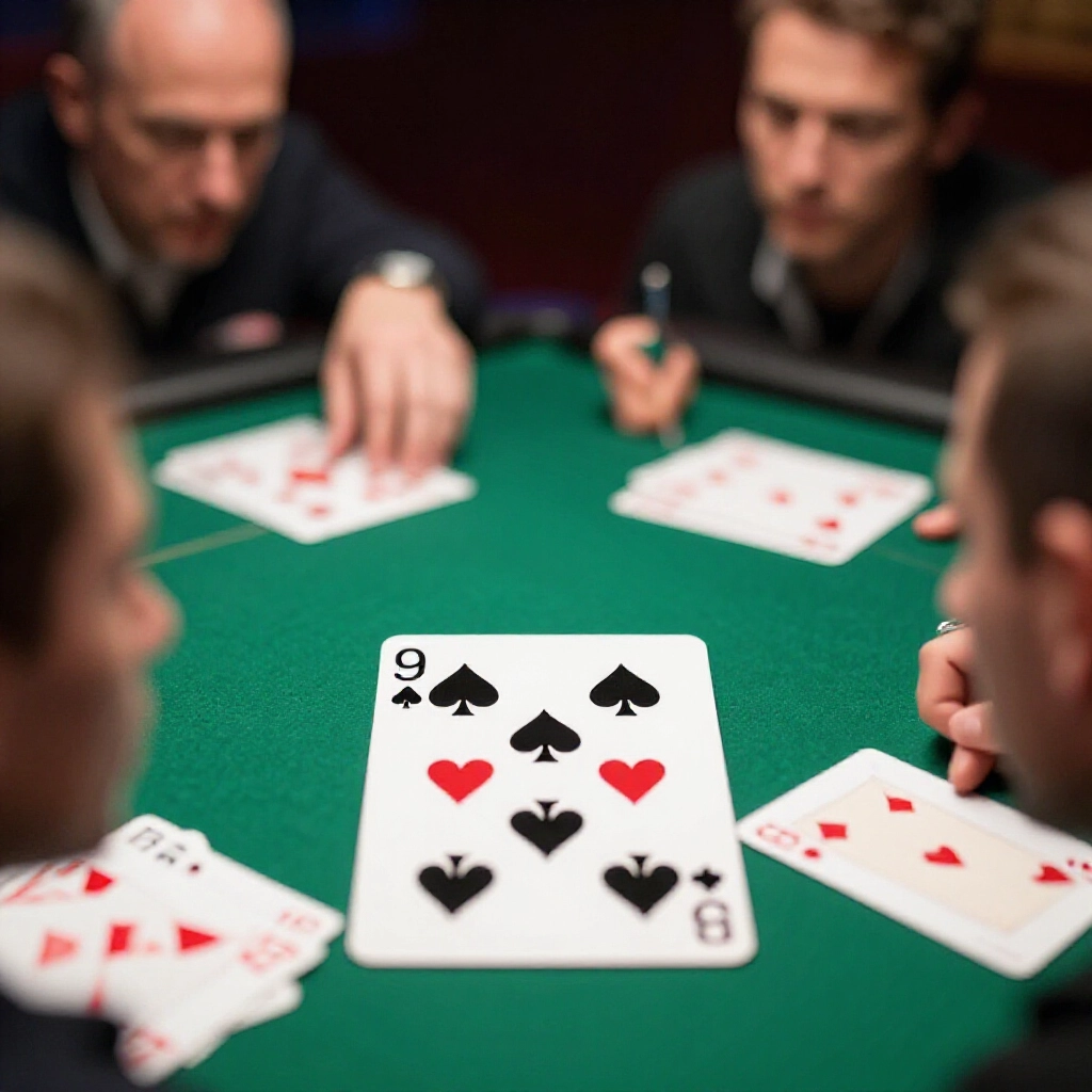 Closeup of single cards and pairs on green felt mat where black spade 9 beats red heart 9 and a pair with spade 5 dominates others in a tense four player showdown with focused expressions