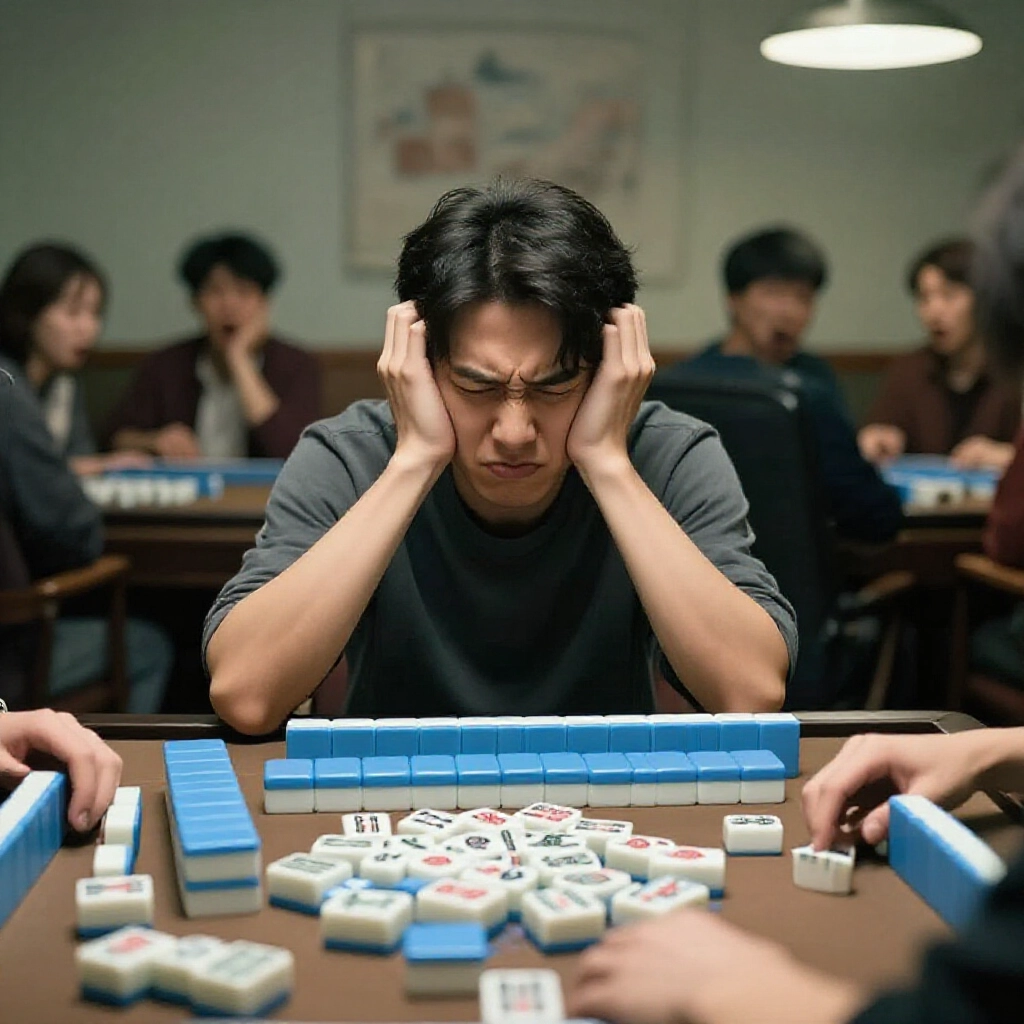 A frustrated mahjong player realizing they have extra or missing tiles unable to eat or pong opponents discard while others react surprised in a dimly lit room with mahjong wall in background