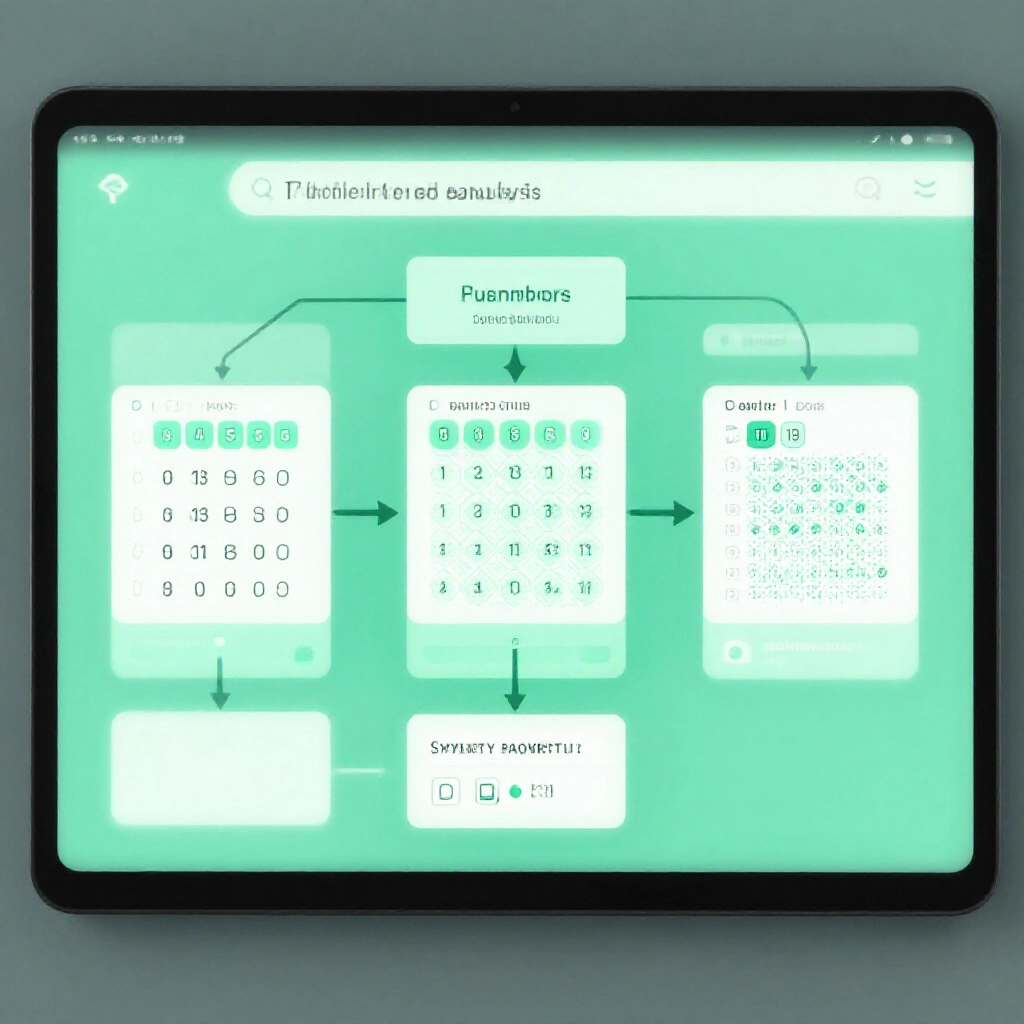 step by step flowchart on screen illustrating lottery trend analysis with arrows connecting hot numbers cold zones and symmetry patterns in modern interface soft green tones