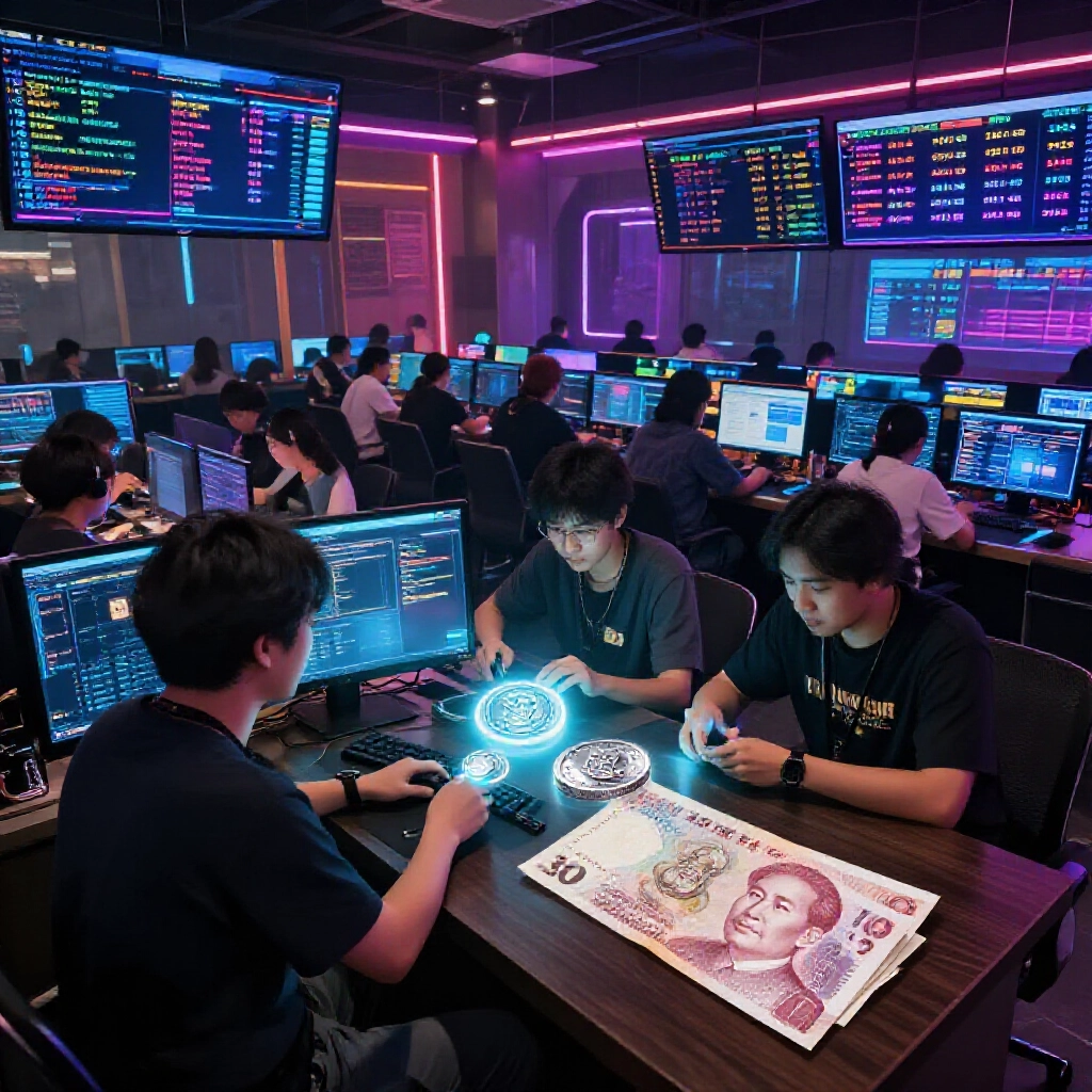 星城線上遊戲中玩家在數位市集交易銀幣換台幣的熱鬧場景,第三方幣商活躍於霓虹燈光環繞的網路咖啡廳