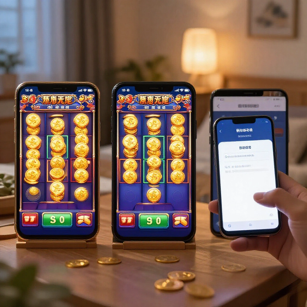 玩家在手機老虎機遊戲介面贈送金幣，同時收到銀行轉帳通知的台灣臥室溫馨畫面