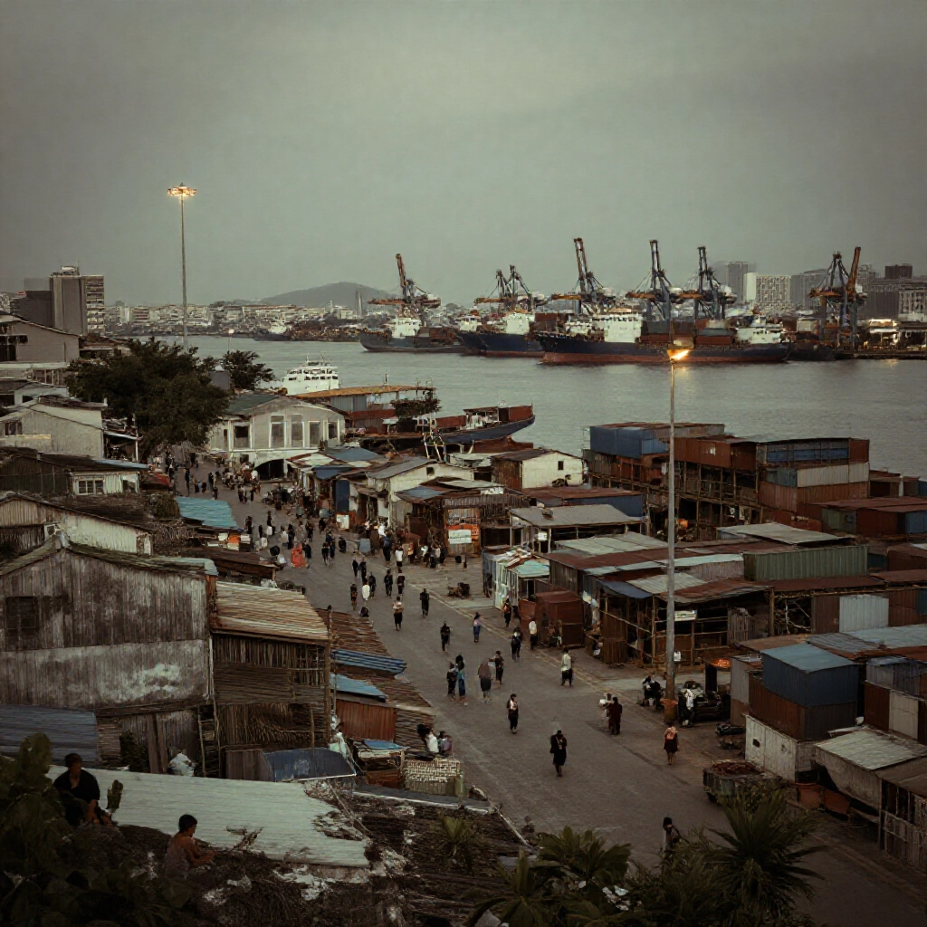 Vintage Kaohsiung port cityscape with bustling docks, immigrant workers in old neighborhoods, and gritty industrial tones at twilight