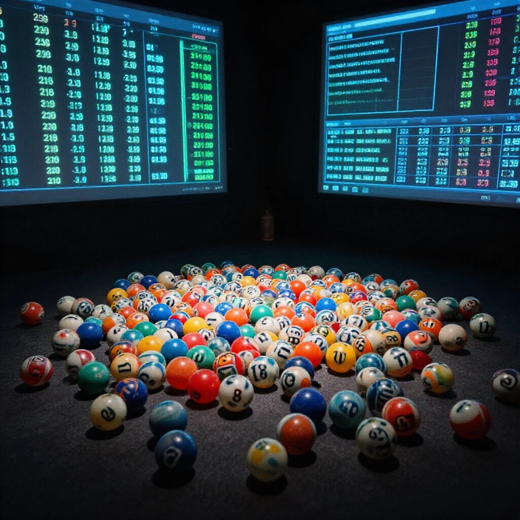 dimly lit room filled with lottery analysis tools, colorful balls from 1 to 39 scattered around, one faded ball in the corner for the longest omission amid glowing charts and graphs
