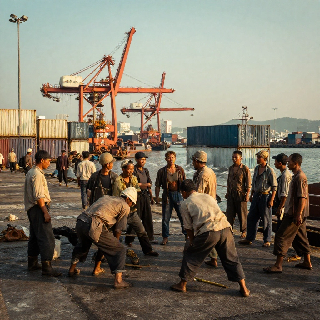 Postwar Kaohsiung harbor scene with laborers near piers, tense confrontations, and dramatic golden hour shadows