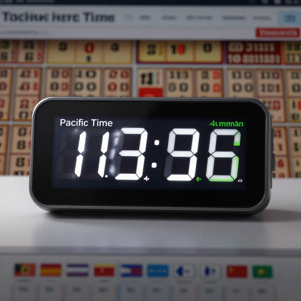 Digital clock interface displaying Pacific Time conversion to Taiwan Time with summer and winter daylight saving schedules highlighted on sleek lottery draw webpage background