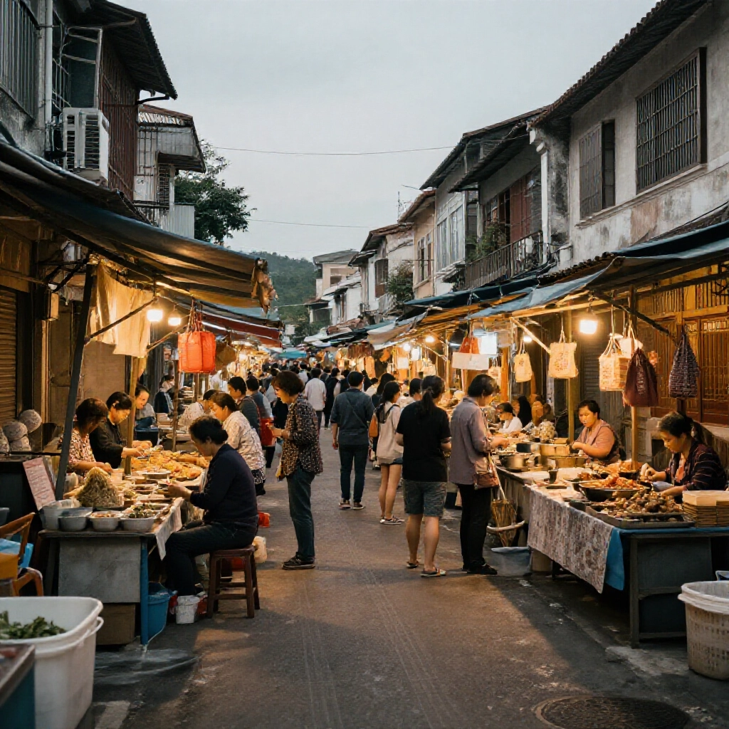 Traditional Kaohsiung street corner in Lingya Liao San Ku Tsuo areas, with locals at market stalls and warm community lighting