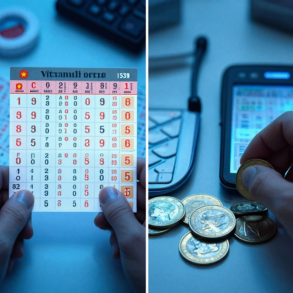 Split screen comparison graphs showing high odds for Vietnam daily lotto versus Taiwan 539 prizes calculator and coins on desk under cool blue analytical light