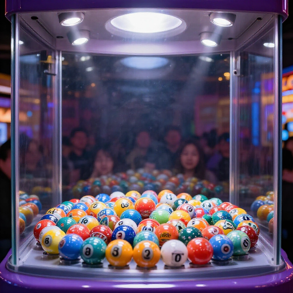 Dynamic lottery machine with colorful numbered balls spinning inside transparent chamber under bright studio spotlights capturing excitement of California Fantasy 5 draw synchronized instantly for Taiwanese audience
