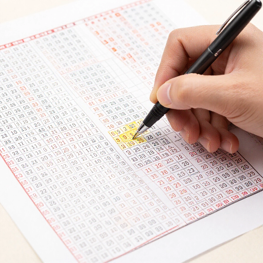 Detailed chart of lottery numbers from 01 to 99 with highlighted 2star 3star 4star combinations and players using pens to mark bets in bright studio atmosphere