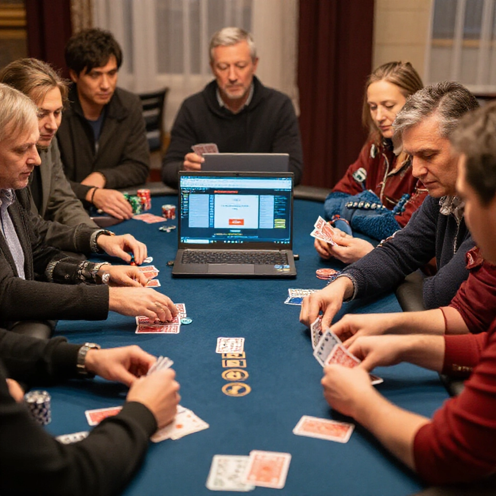 Seasoned poker enthusiasts analyzing card probabilities during a family new year gathering with laptops showing online platforms like Shen Lai Ye