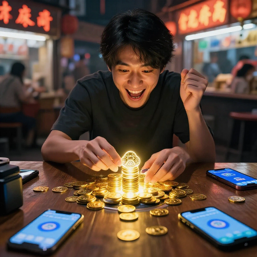 台灣玩家在昏黃桌燈下興奮把神來也麻將App的金光閃閃神幣堆疊換成現金,周圍手機跟夜市氛圍滿滿