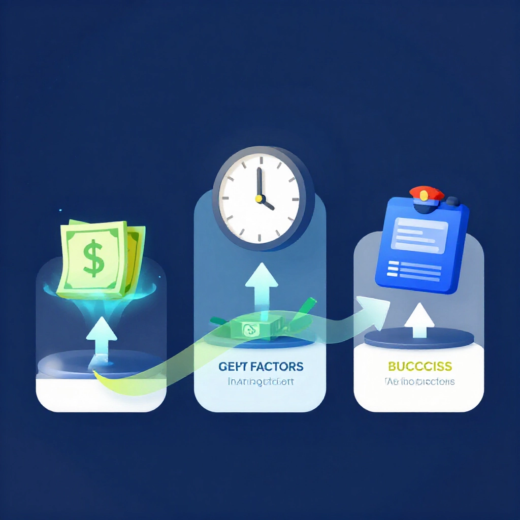 three key factors icons floating over bank transfer timeline money flow arrows freezing at first account clock showing 30 minutes urgent police hotline activation success probability meter in professional infographic style