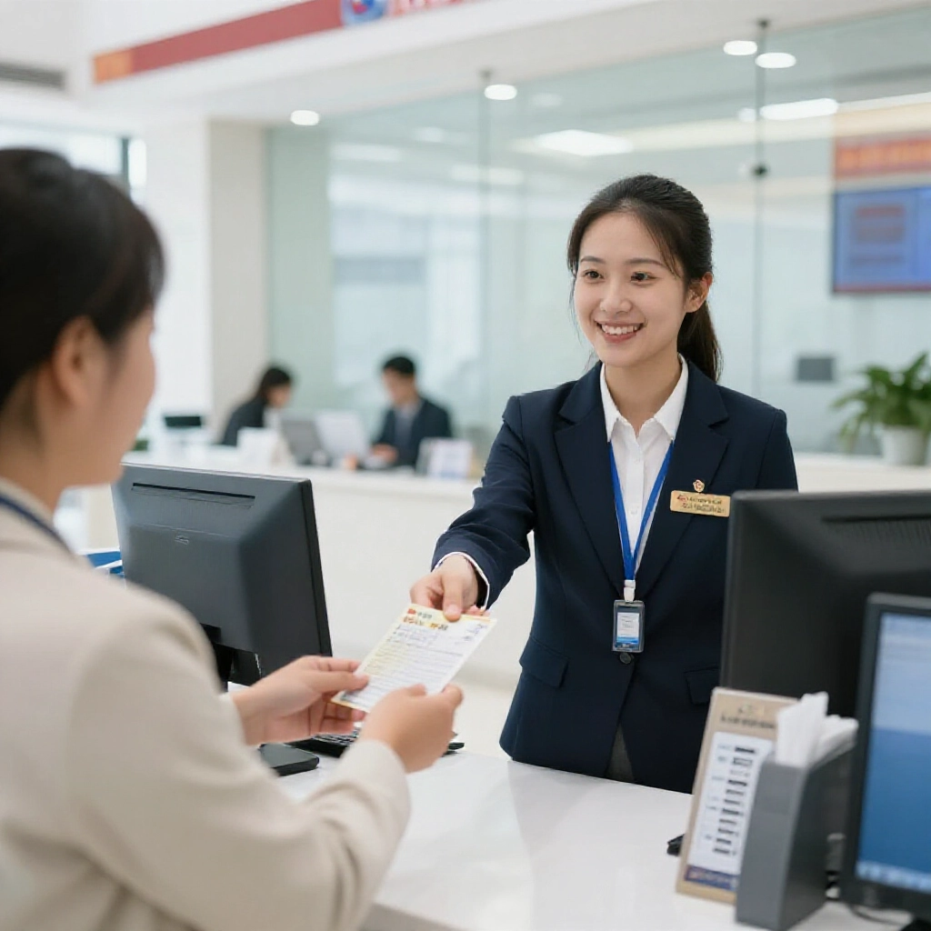 smiling customer at modern bank counter handing lottery ticket and ID to teller in bright China Trust branch lobby with secure glass partitions daytime natural light