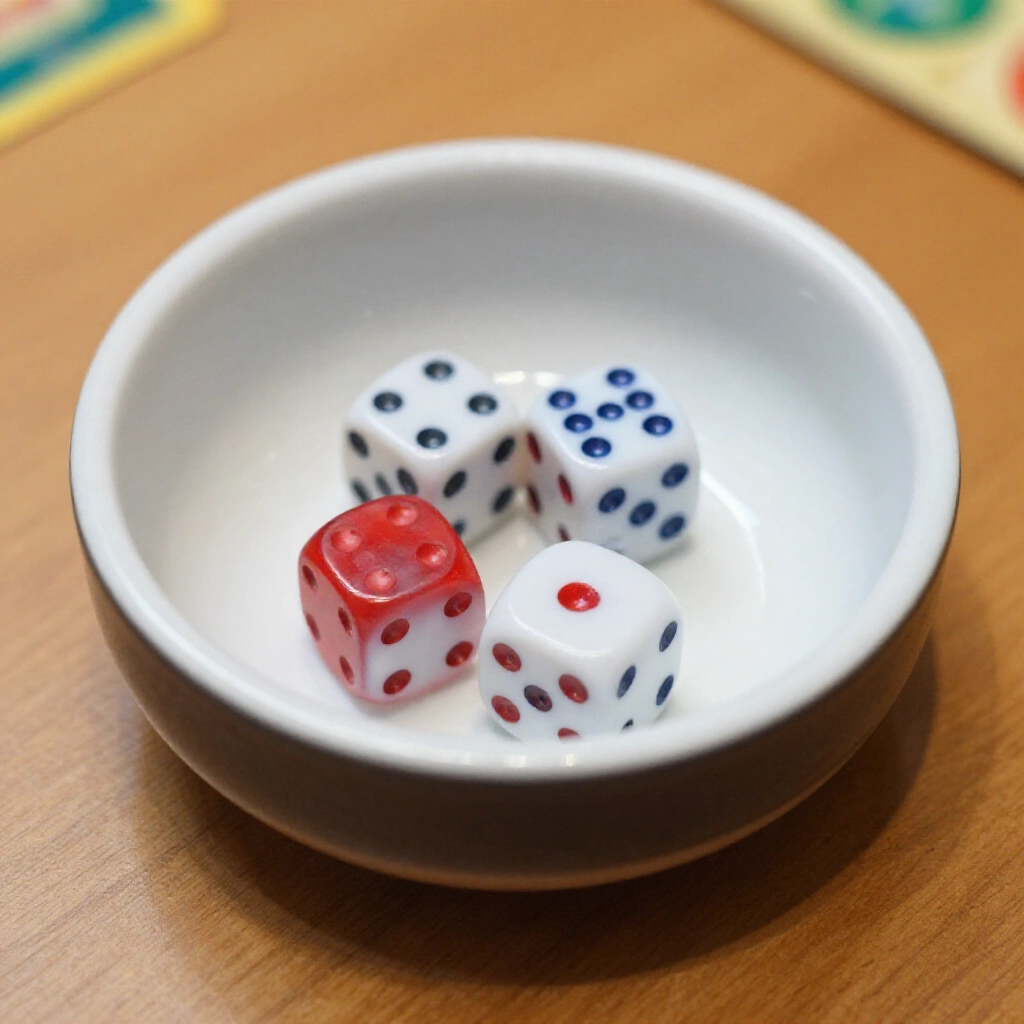 傳統十八仔遊戲器材特寫，壓克力骰子在光滑陶瓷碗中，木桌準備就緒