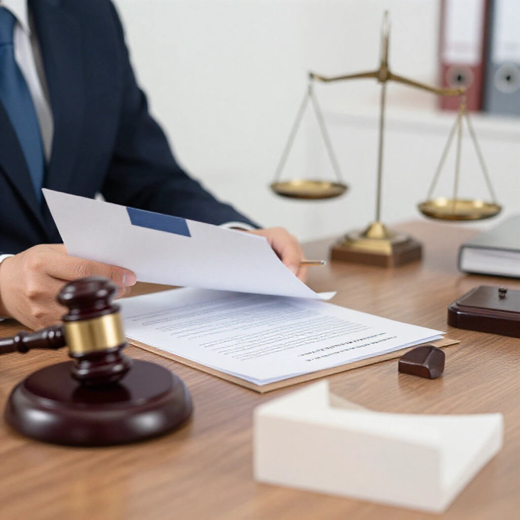 律師檢視法庭文件法槌民事訴訟紙本,正義天平辦公室專業寫實渲染