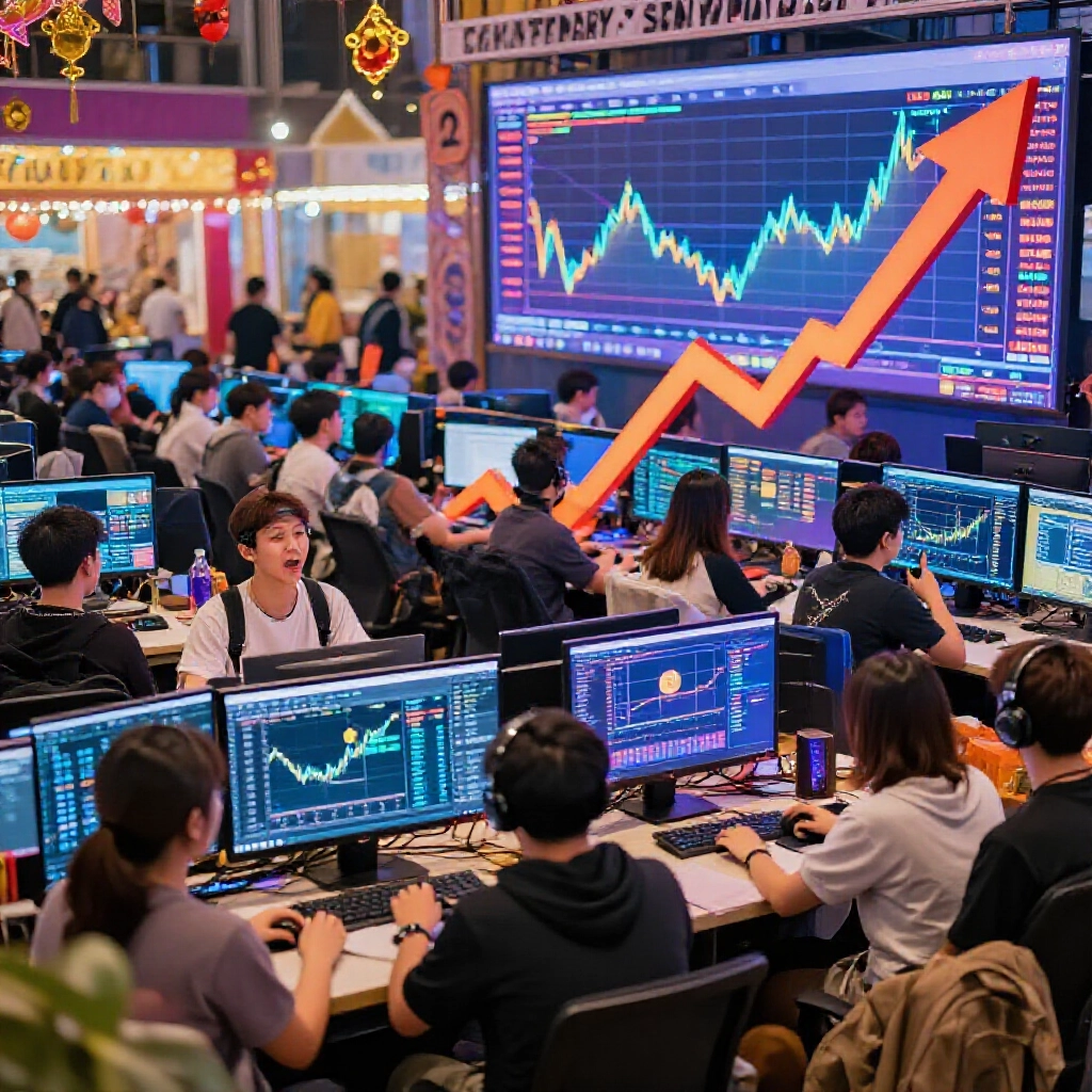 節慶期間金幣行情圖表波動,玩家熱鬧交易虛擬資產,市場向上箭頭鮮豔