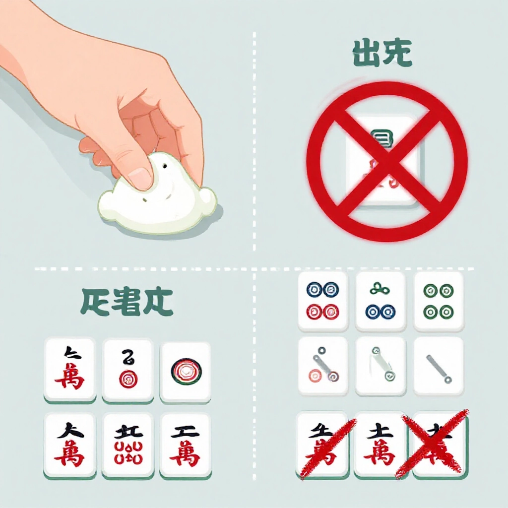 手牌2、3萬吃1萬示意,紅叉禁打1萬或4萬,現吃回頭牌違規圖解乾淨風格