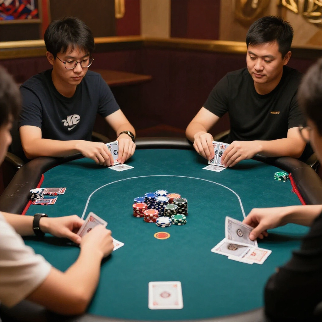 Taiwanese players at a lively poker table dividing four dealt cards into front and back hands with chips piled in the center under warm ambient lighting