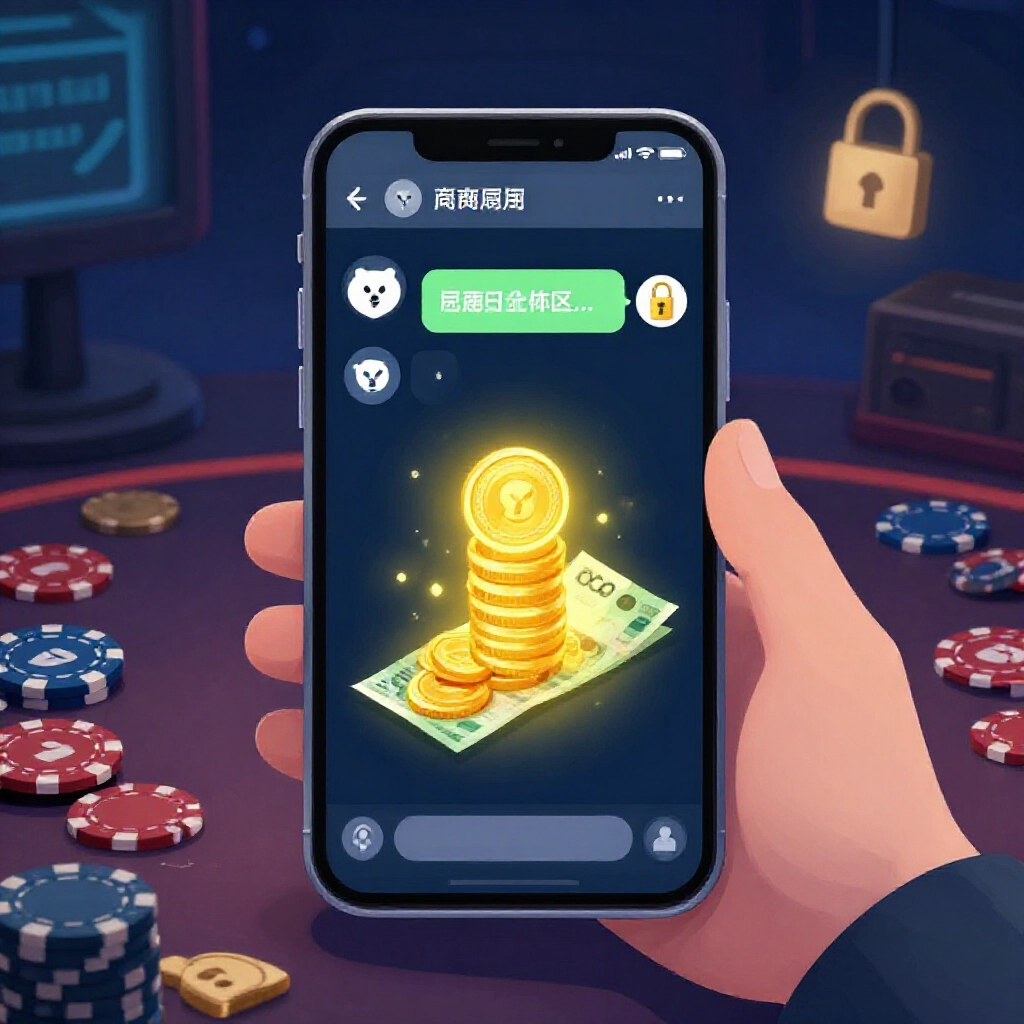 Line 聊天畫面顯示玩家跟幣商換遊戲金幣成台幣,背景有遊戲桌、籌碼跟鎖頭圖示