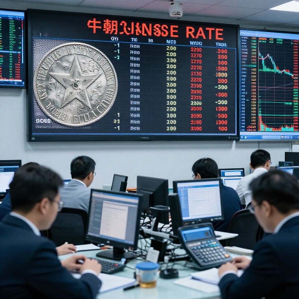 星城銀幣對台幣匯率看板顯示1:130等比例,忙碌交易室內有計算機、議價和波動圖表,藍調燈光