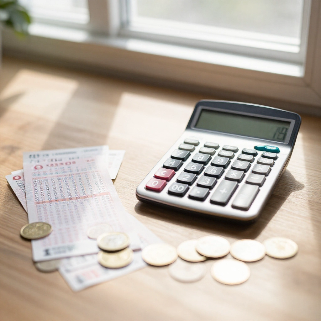 calculator displaying tax deduction on lottery winnings beside ticket and coins on wooden desk soft morning sunlight filtering through window professional financial scene