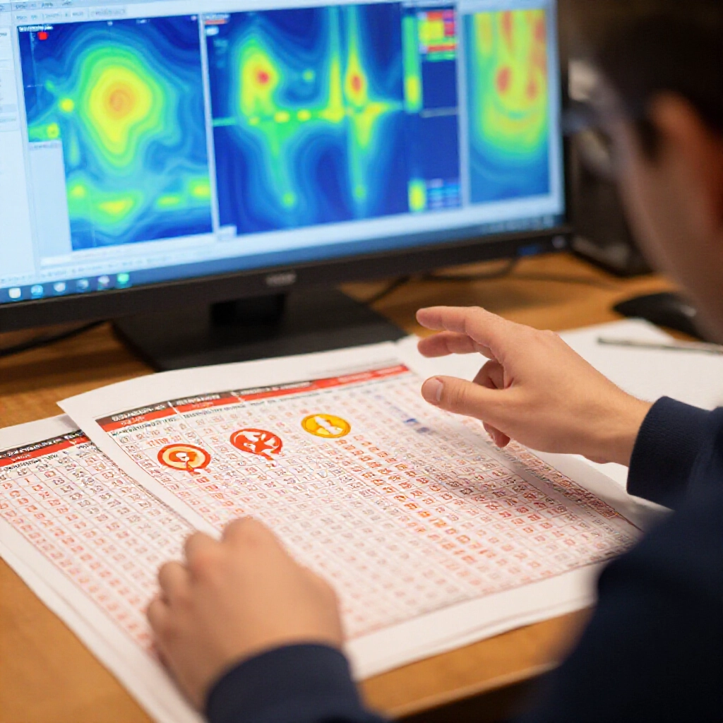 player at desk reviewing lottery charts, pointing to icons for omission betting, no-hit method, average multiples, and cold-to-hot cycles with background heatmaps