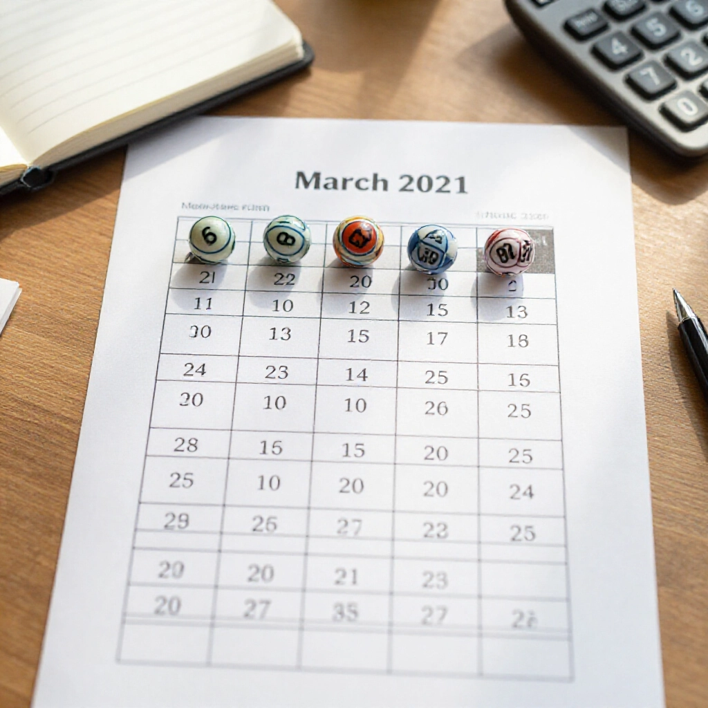 2026年3月彩票結果表格特寫,木桌上午光,五球順序排列,旁邊筆記本與計算機
