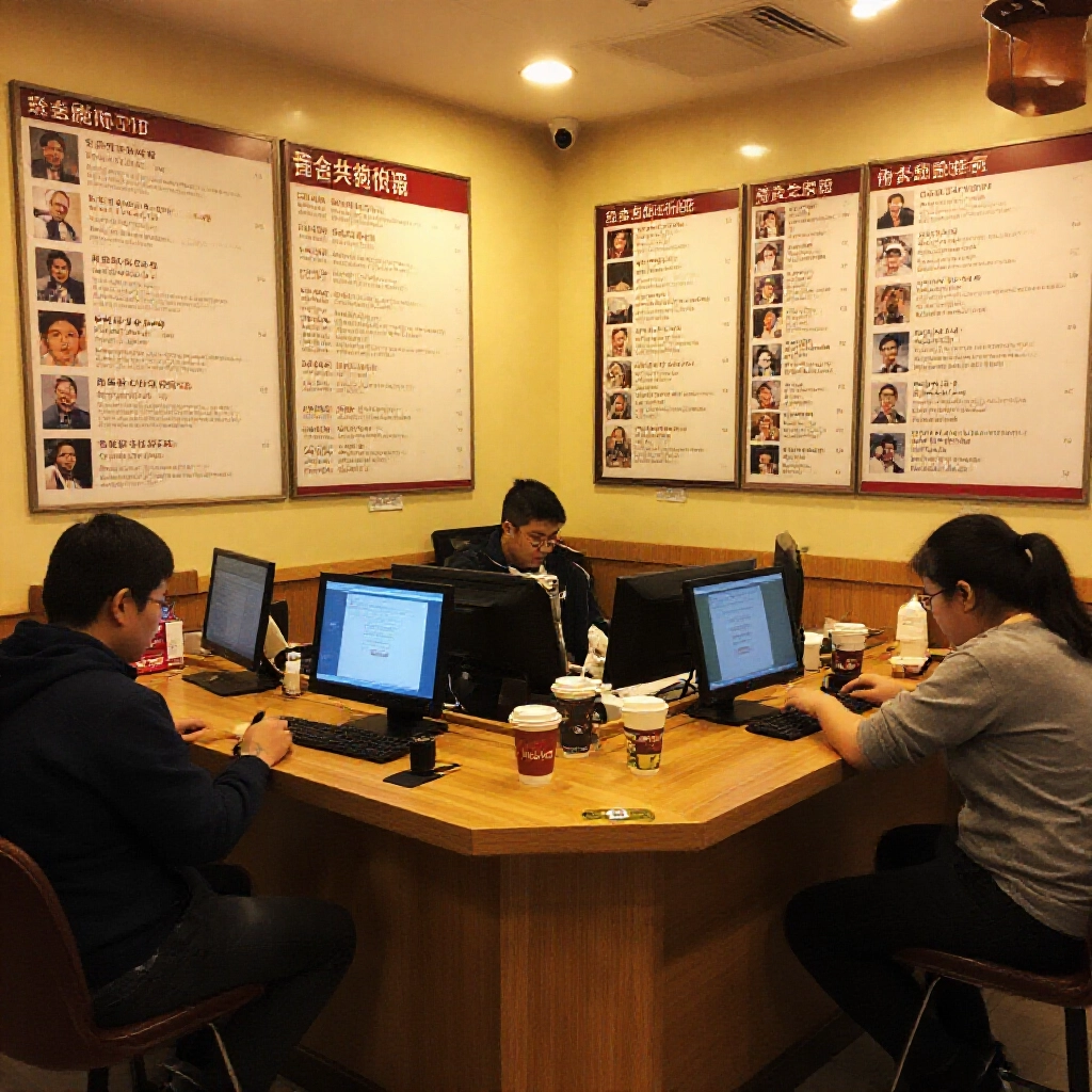 台灣網咖內部作為幣商基地,店員用手機驗證Line帳號,周圍牆上貼滿玩家評價,暖光燈下桌上有咖啡杯
