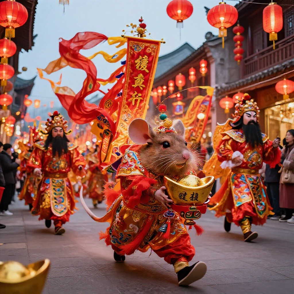 生肖鼠領頭遊行,傳統節慶中充滿喜氣紅燈與財靈