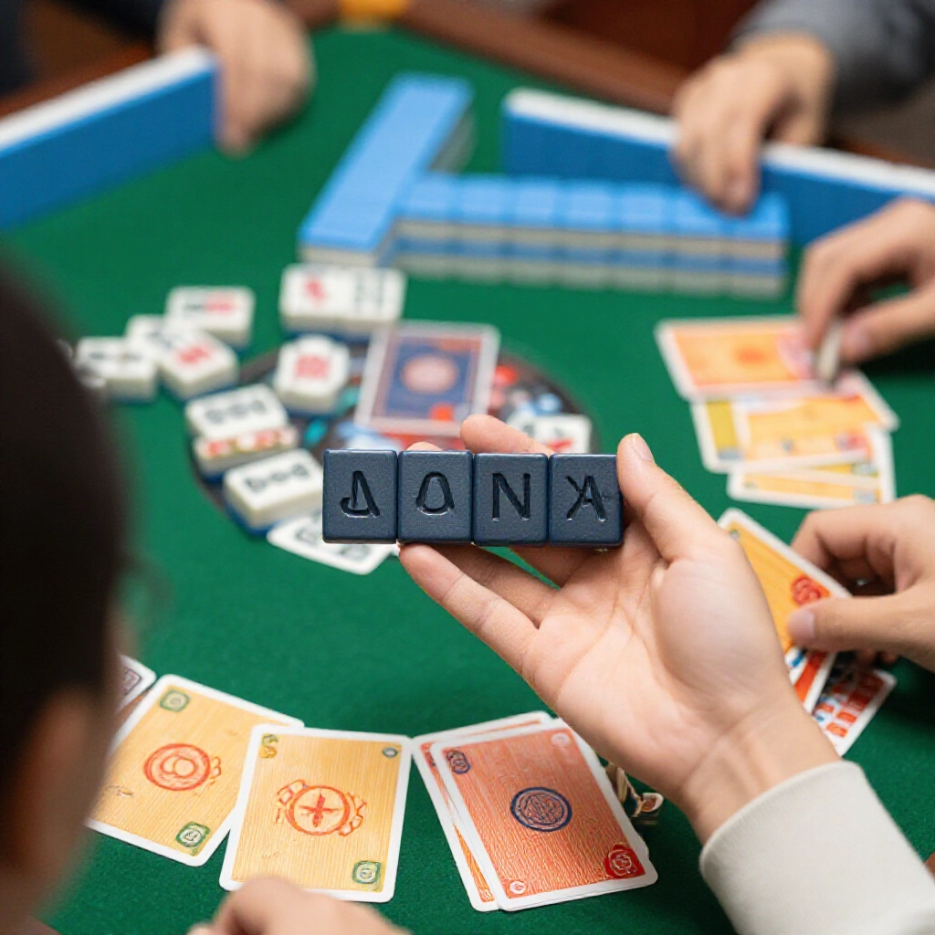 Player holding four identical dark tiles tempted to kong but in xianggong state hits instead surrounded by opponents listening with vibrant tile colors and strategic card discards on table