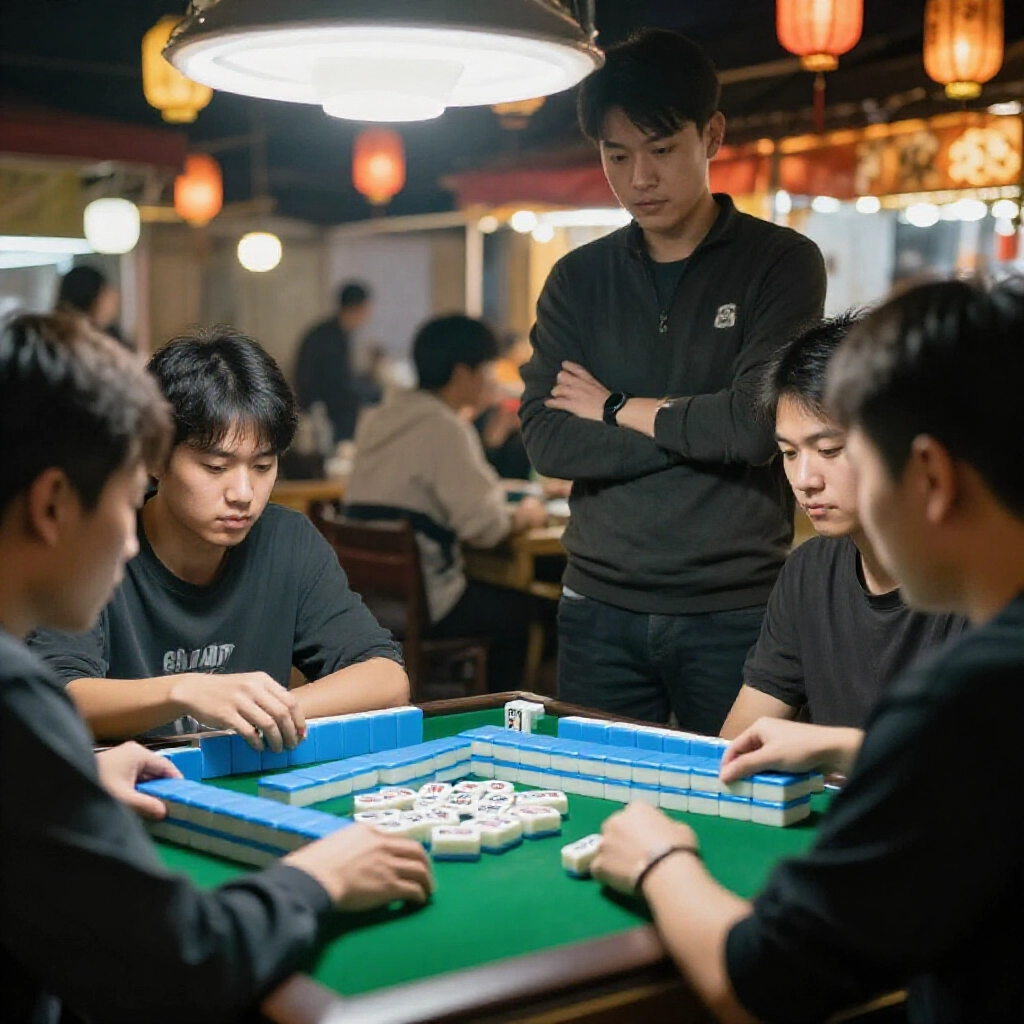 夜市玩家伸手碰對方棄牌,兩人麻將緊張對峙,攤主在燈籠光下看著