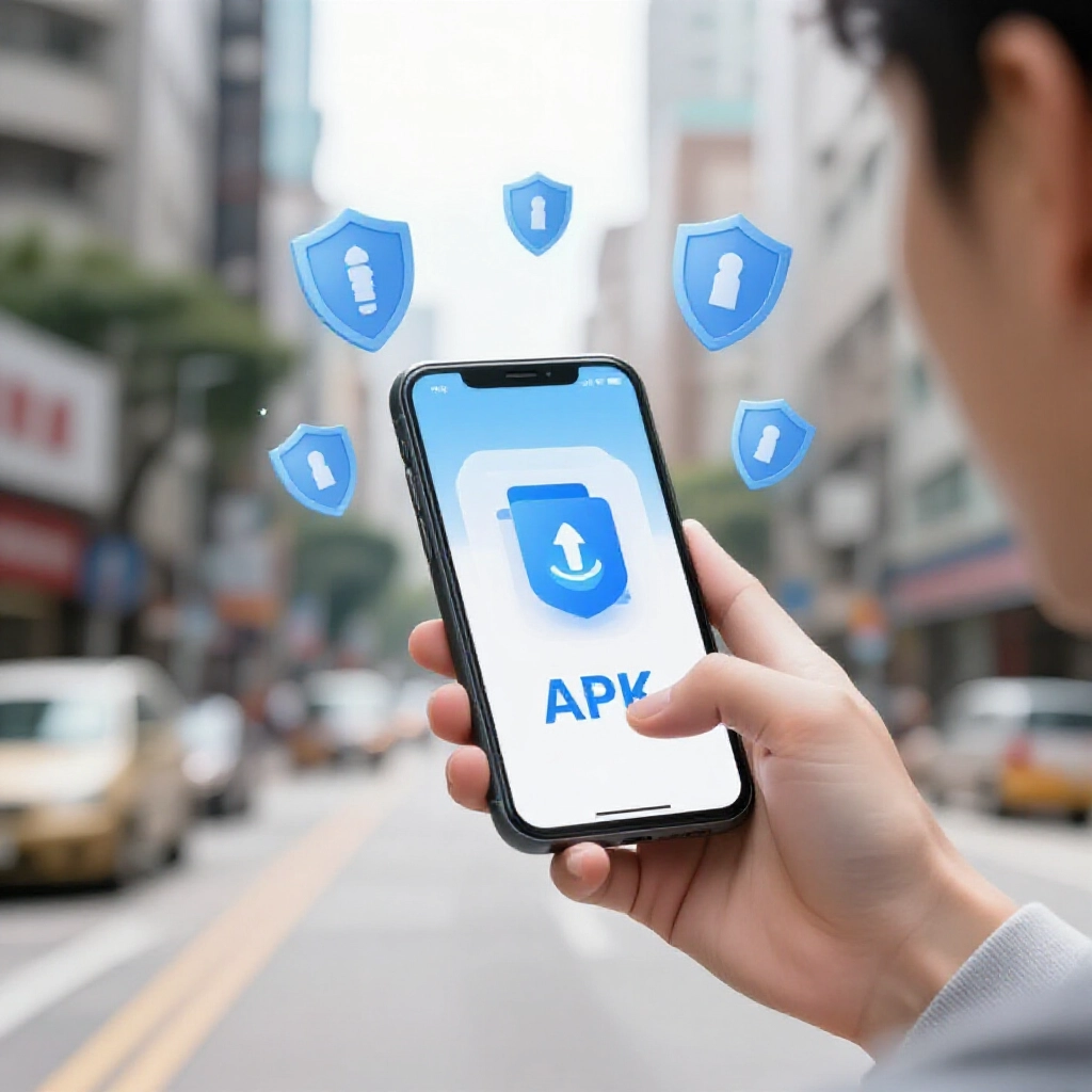 台灣都市中興奮用戶點手機下載App,周圍浮現安全盾牌,陽光普照下安全傳輸APK