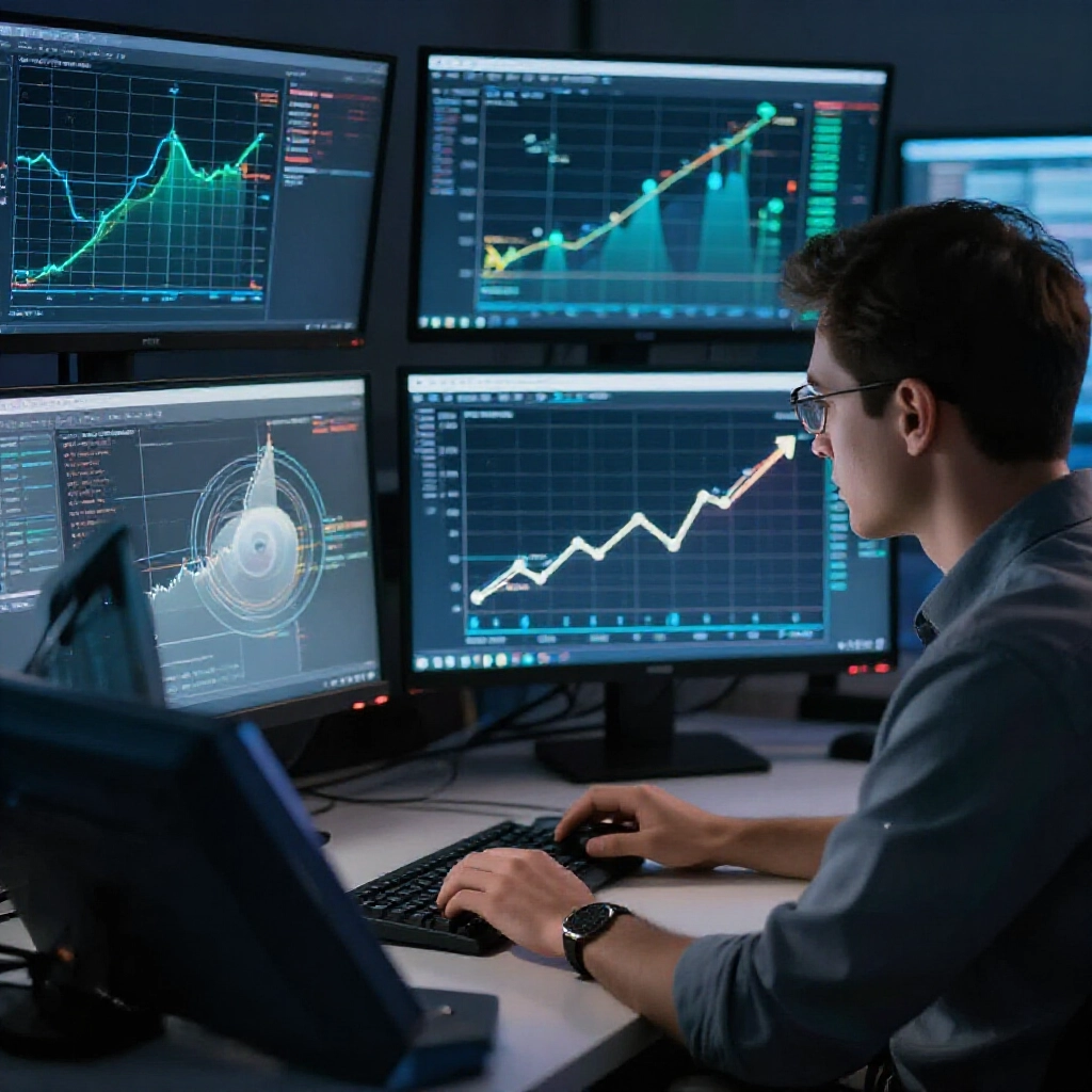 Illustrate a strategist at a desk analyzing charts of omission trends connecting high omission balls with regression arrows towards mean frequency in a focused dimly lit study room filled with data screens