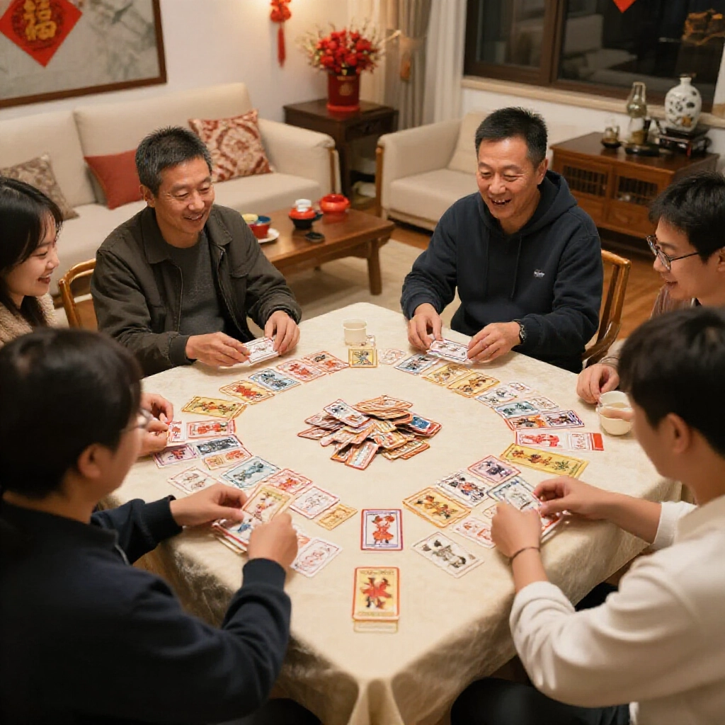 台灣客廳玩家圍桌玩老鼠牌,莊家發牌堆中央,興奮表情傳統裝飾