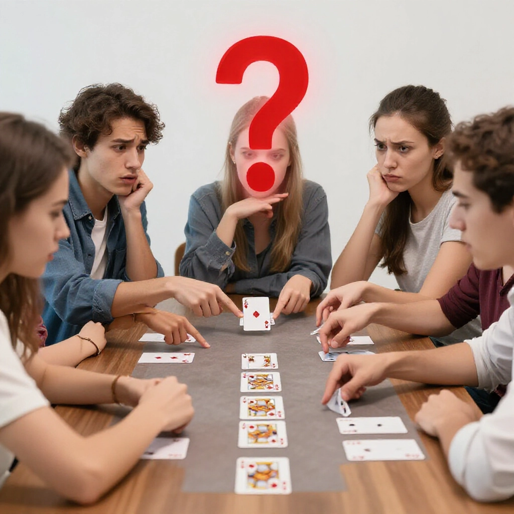 Debating group of friends at card table pointing at jack queen king ace two cards with puzzled expressions red question mark aura hovering above invalid cyclic straight concept tense lively discussion scene