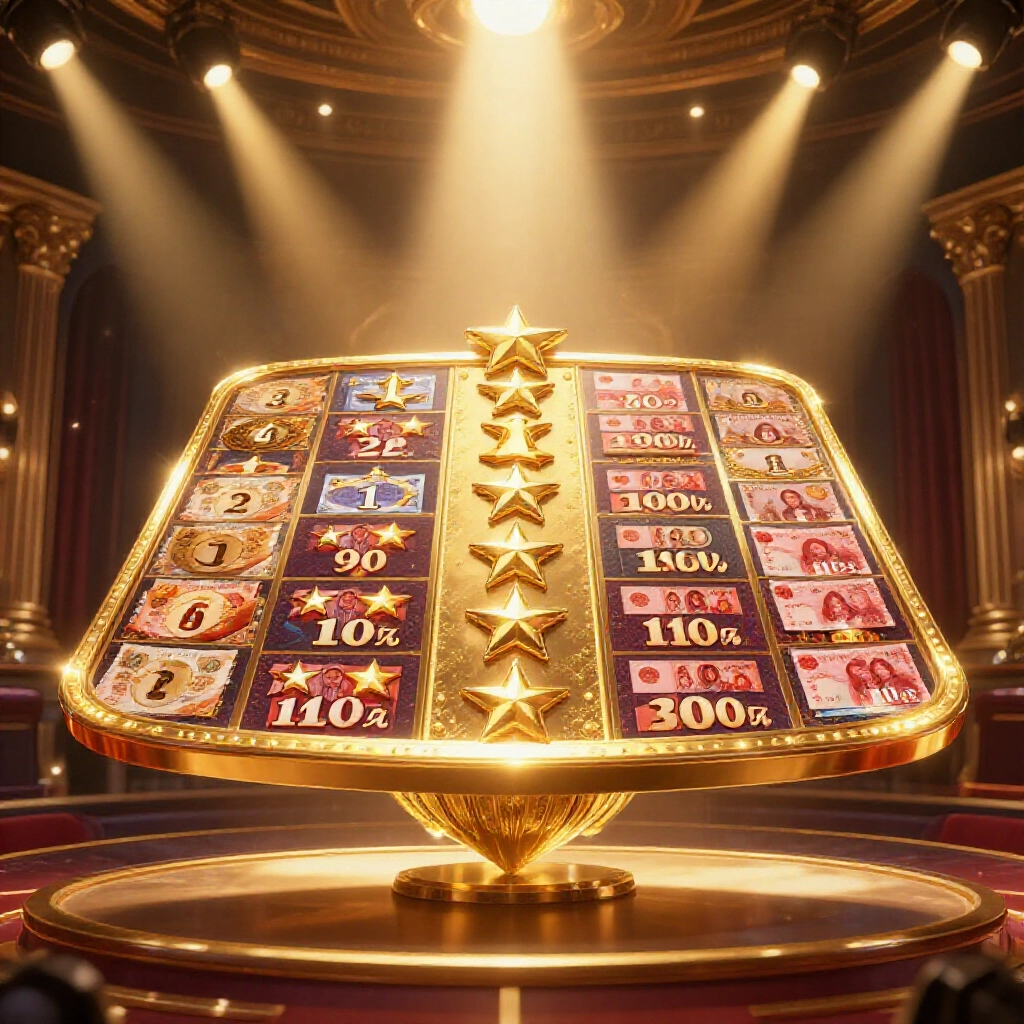 A detailed golden prize table floating in a luxurious casino like setting with sparkling multipliers from 1 star 50 yuan to 10 star 5 million yuan under dramatic spotlight illumination