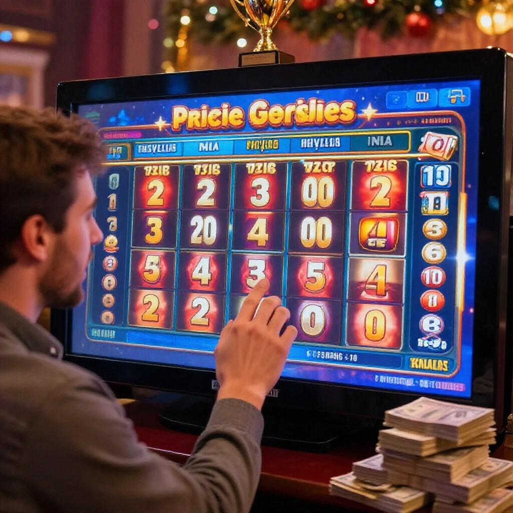 excited player checking prize table on screen showing stacked winnings for matching two three and four numbers with golden trophies and cash piles in festive atmosphere