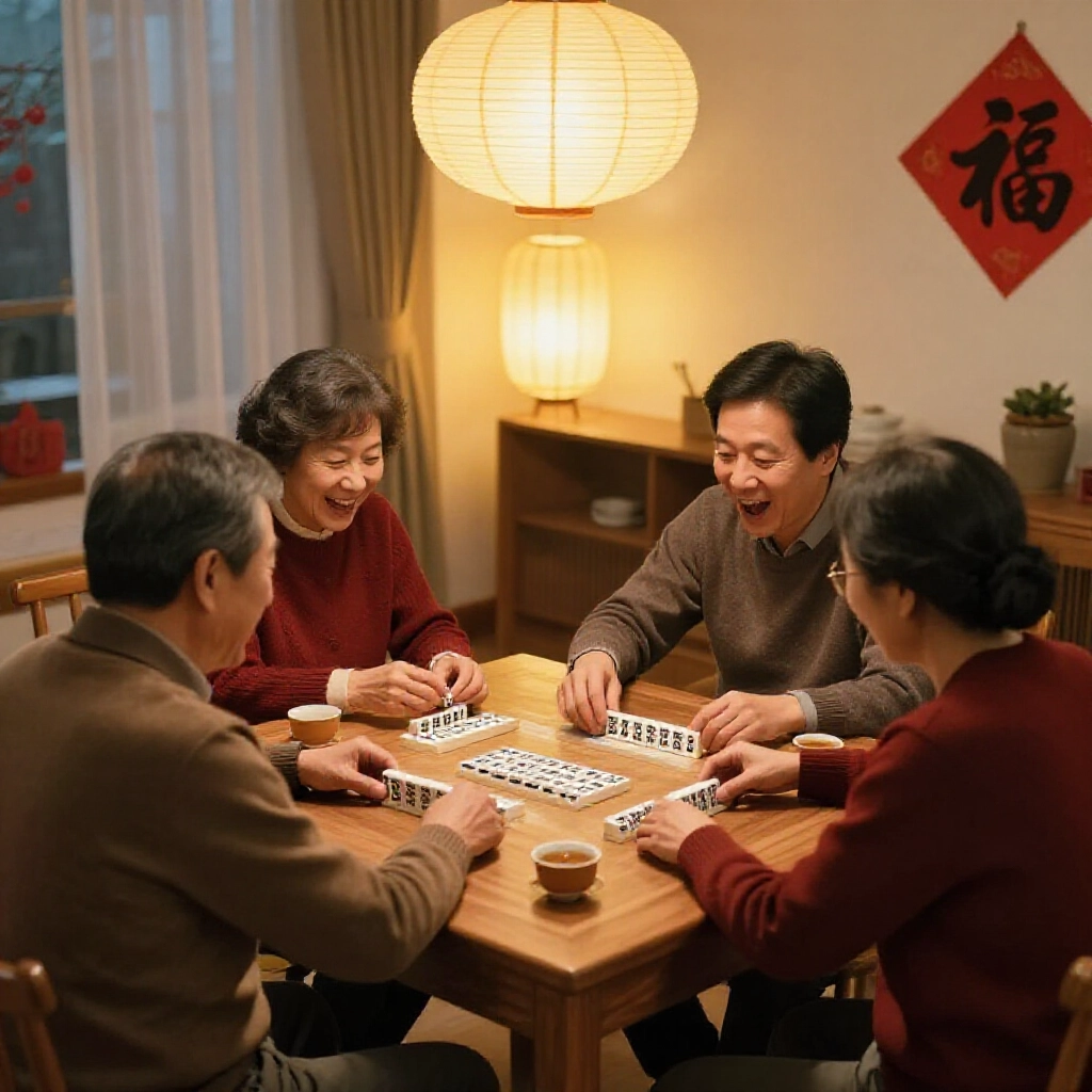 台灣過年溫馨客廳,親友圍桌玩黑粒仔牌,燈籠暖光照著興奮臉龐,旁邊茶杯熱氣裊裊