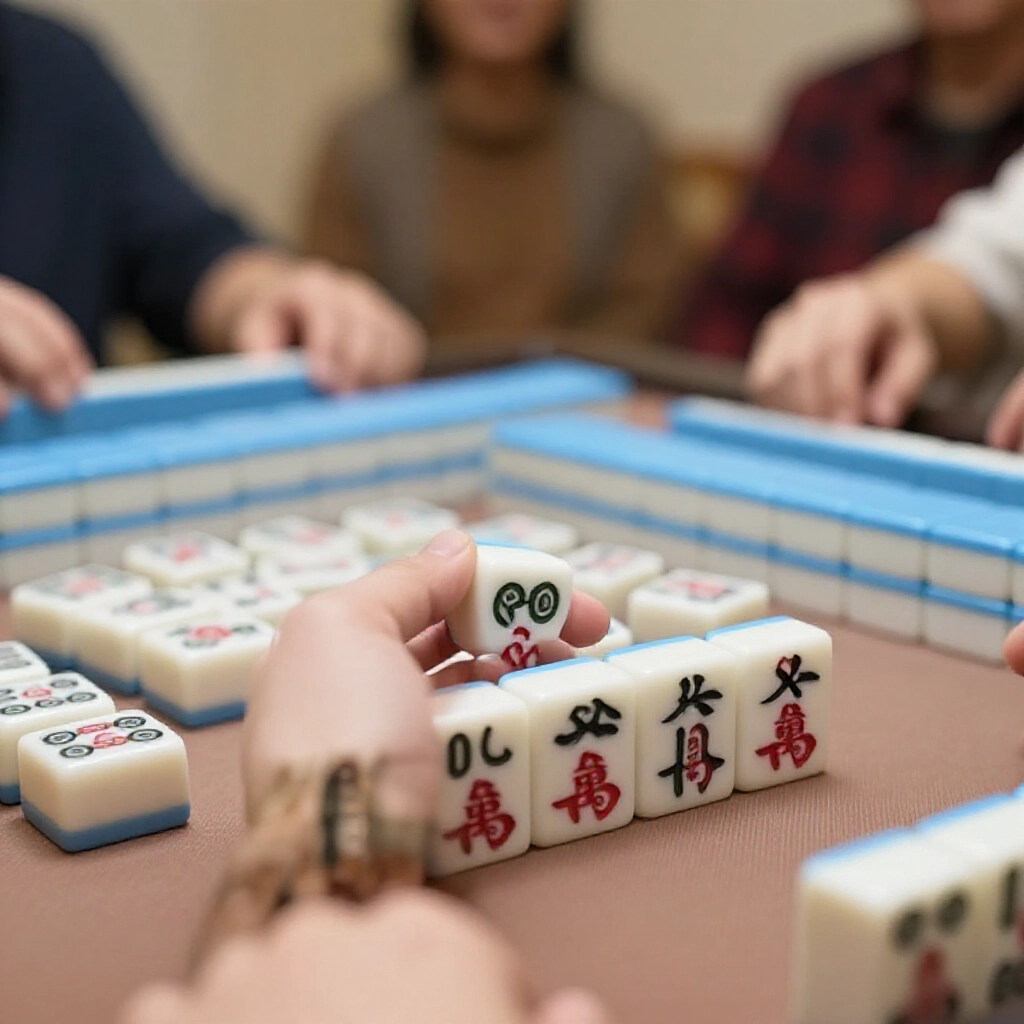 closeup of a players hand forming common low scoring patterns like pinhu ponponhu and menqing zimo on a mahjong table with soft focused background of tiles and excited onlookers