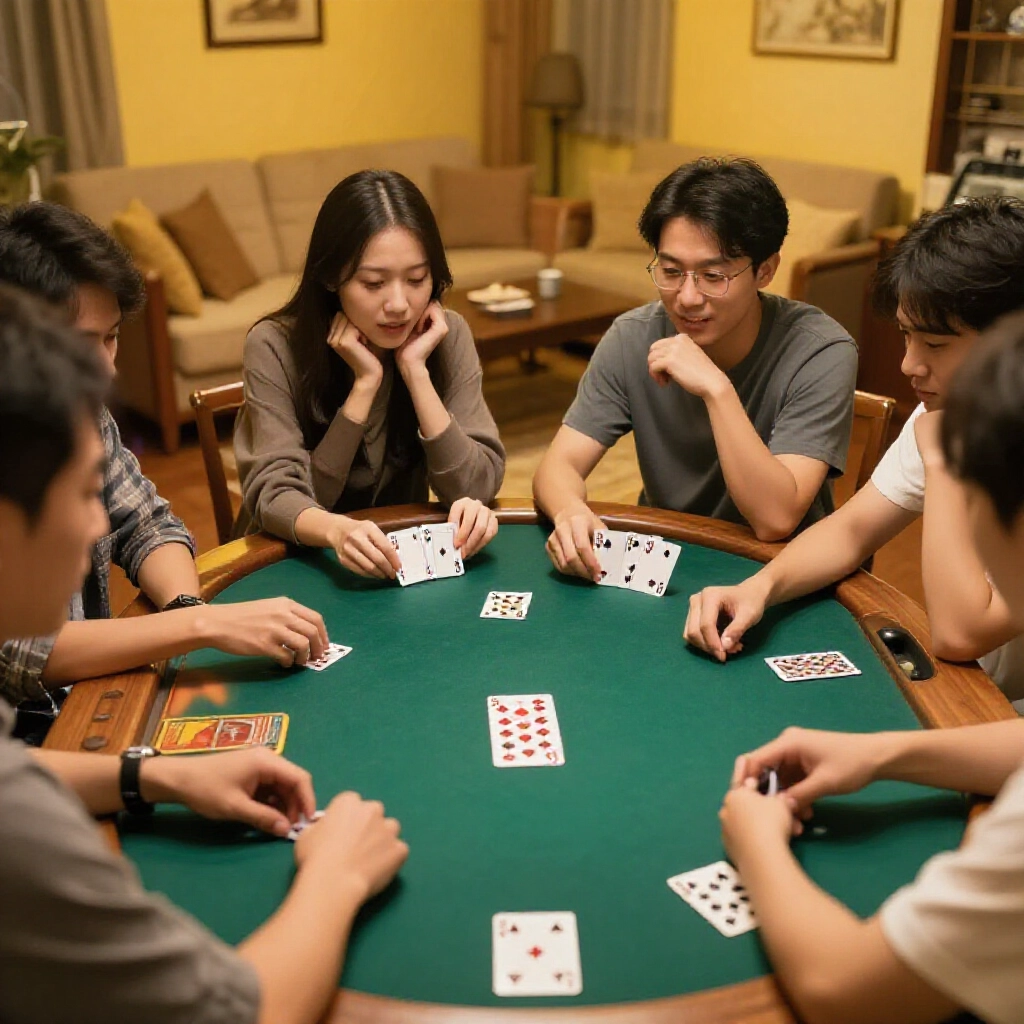Four excited players around a wooden poker table in a cozy Taiwanese living room displaying five consecutive straight cards like three four five six seven in vibrant suits under warm yellow lighting focused intense game atmosphere