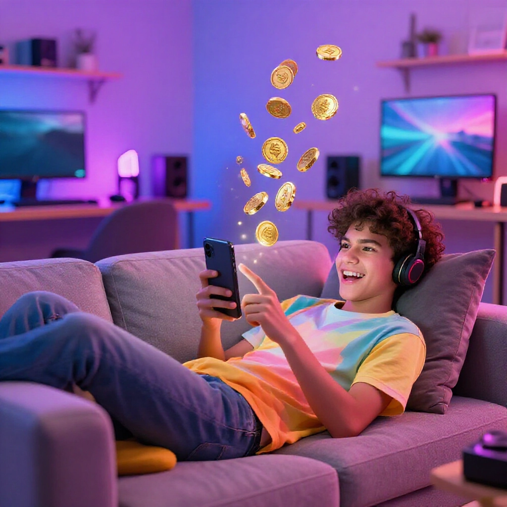 vibrant mobile gamer lounging on sofa tapping screen intensely with reward coins floating upward in brightly lit modern room full of gaming gadgets
