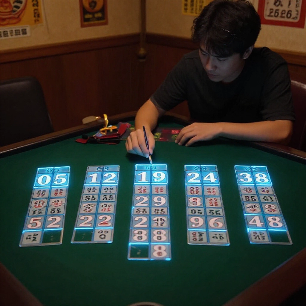 lottery enthusiast sorting five glowing numbers 05 12 19 24 38 from small to large on a dark green baize table highlighting adjacent last digits forming 52 29 94 48 pairs with soft neon blue glow in cozy taiwanese betting room